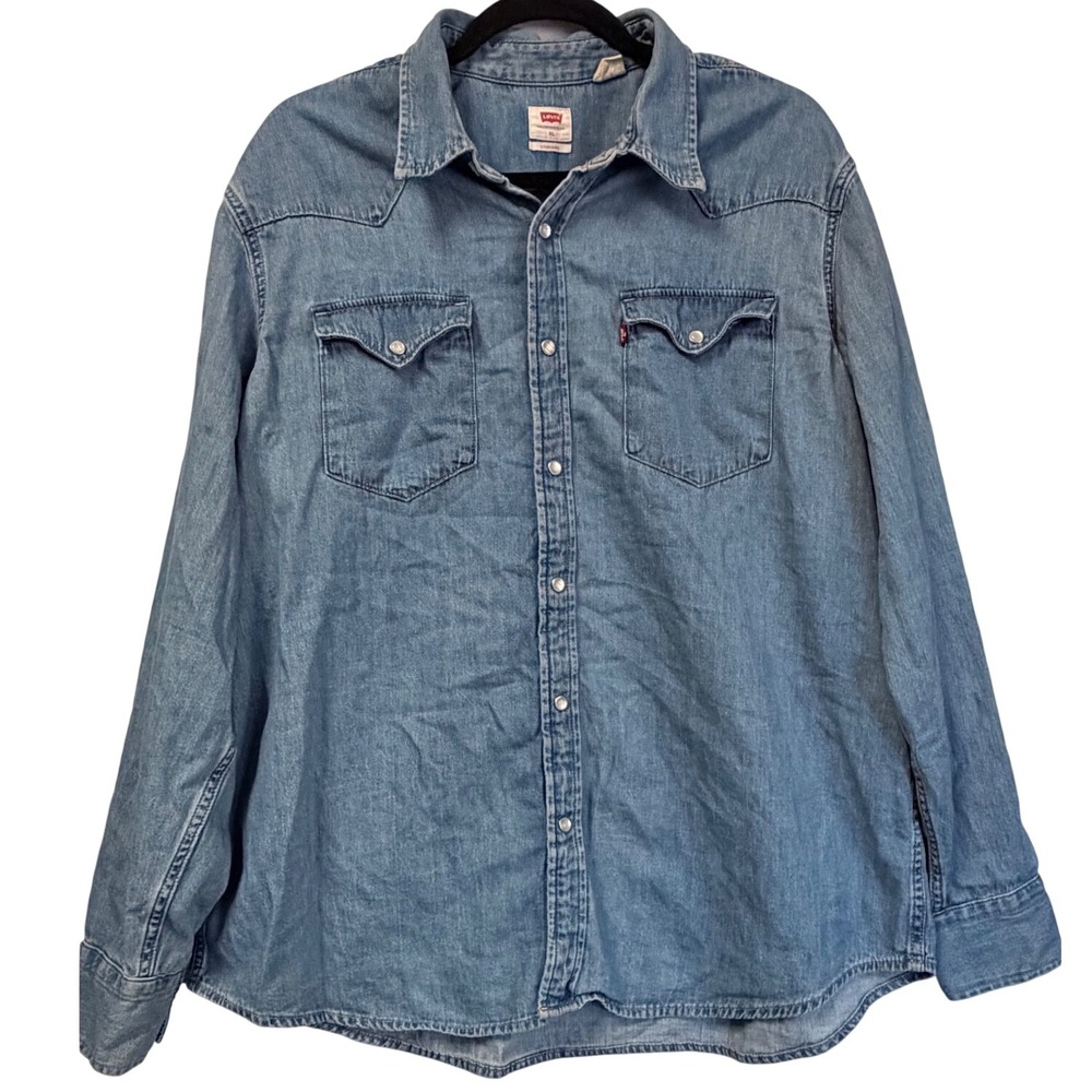 Levis Mens Standard Fit Western Denim Pearl Snap Shirt Light Wash XL 85745-0108